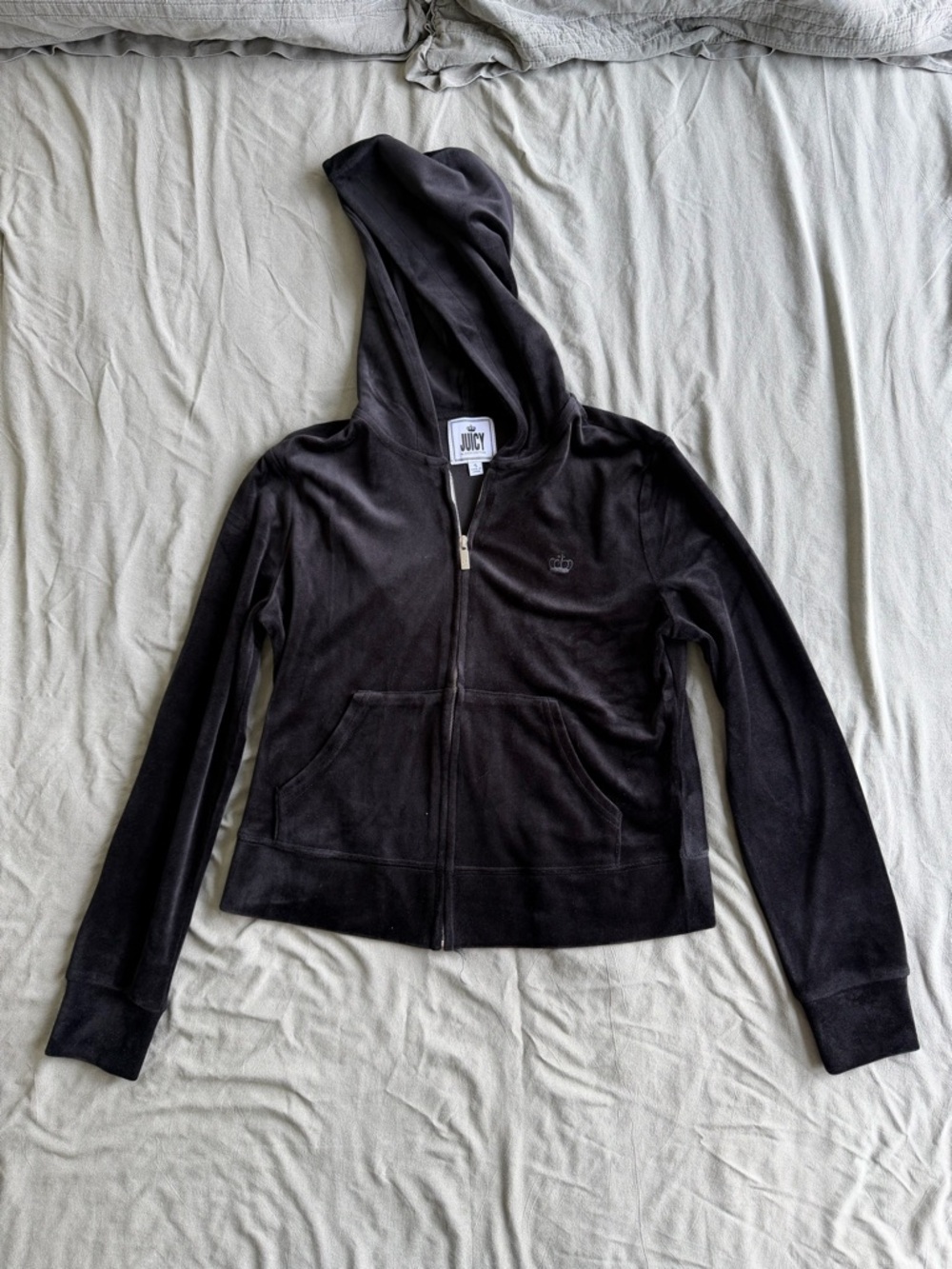 Juicy Couture Charcoal Velour Zip-Up Hoodie with Crown Embroidery
